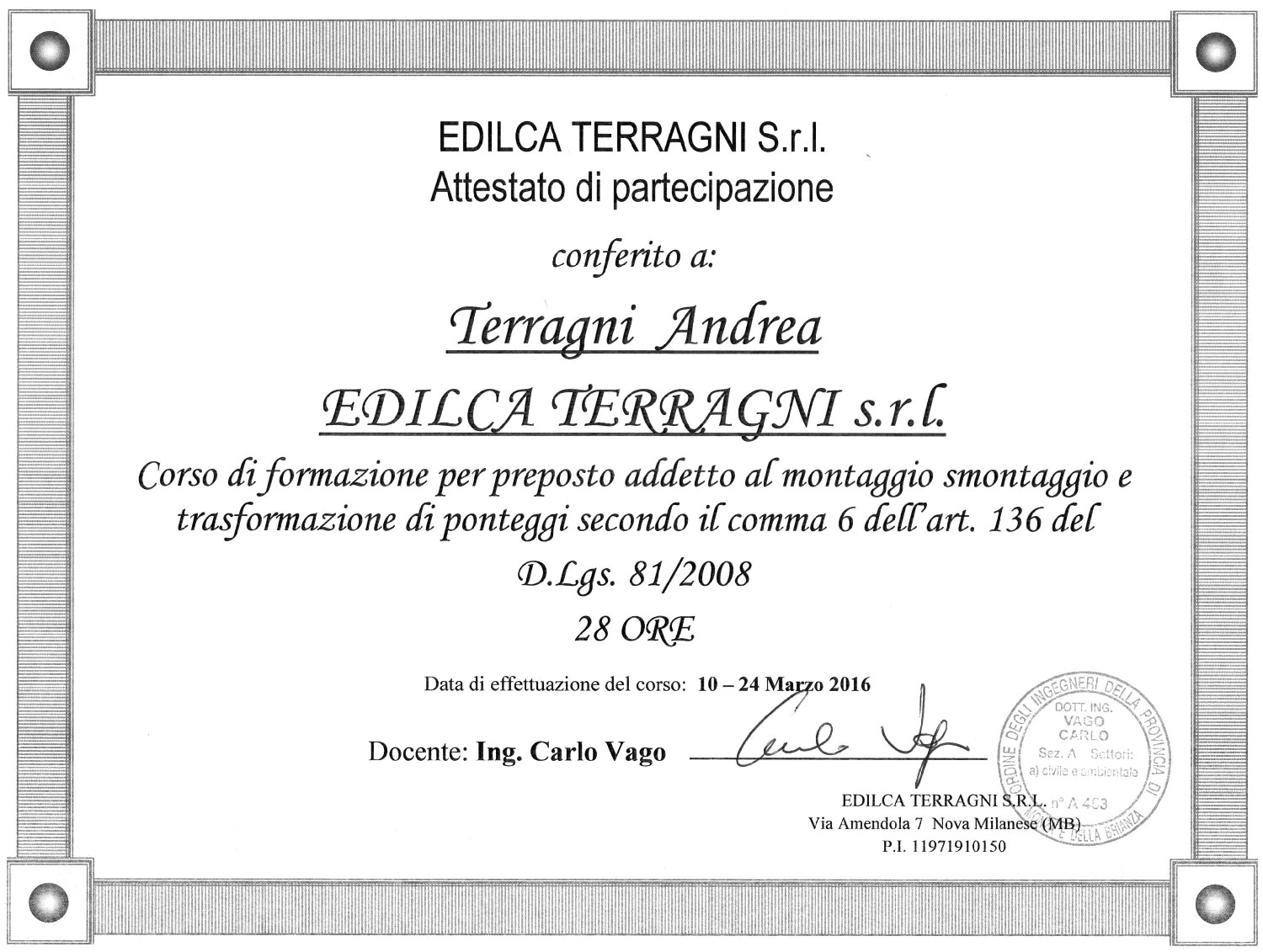 Certificazioni Edilca Terragni